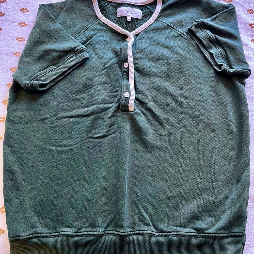 THE GREAT. Forest Green Cardigan with White Trim